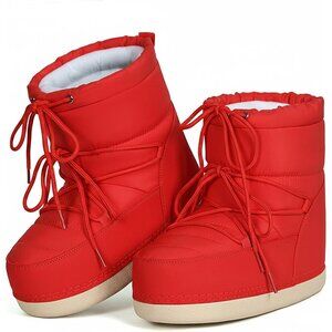 Women's Red Winter Snow Boots Anti-Slip Lace-up Ankle Booties with Lining